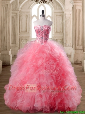 Luxurious Watermelon Red Sweet 16 Dress with Beading and Ruffles