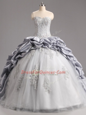 Sexy Taffeta and Tulle Sleeveless 15 Quinceanera Dress Brush Train and Beading and Appliques and Pick Ups