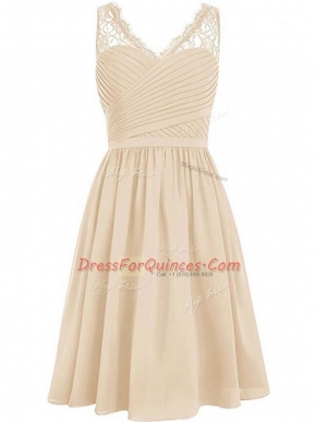 Champagne Empire Chiffon V-neck Sleeveless Lace and Ruching Knee Length Side Zipper Court Dresses for Sweet 16