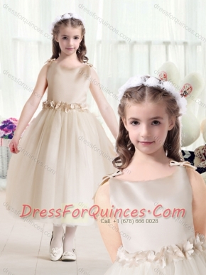 Romantic Ball Gown Bateau Champagne Flower Little Girl Dress with Belt