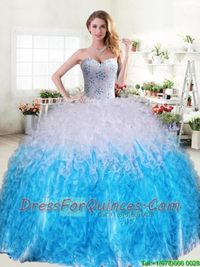 Cheap Beaded and Ruffled Quinceanera Dress in Blue and White