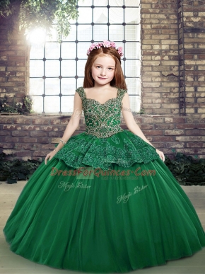 Straps Sleeveless Lace Up Kids Formal Wear Dark Green Tulle