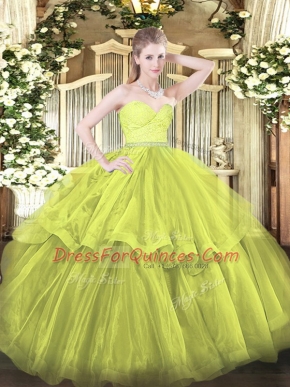 Most Popular Olive Green Sweetheart Zipper Beading and Lace and Ruffled Layers Quinceanera Gowns Brush Train Sleeveless