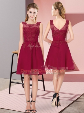 Amazing Wine Red Chiffon Zipper Dama Dress Sleeveless Knee Length Appliques