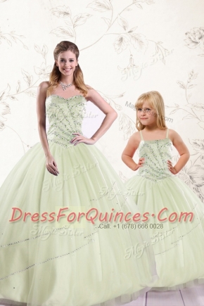 Sleeveless Floor Length Beading Lace Up 15 Quinceanera Dress with Yellow Green