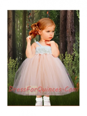 Light Pink Tulle A-Line Sleeveless Tea-length Little Girl Dresses with Straps
