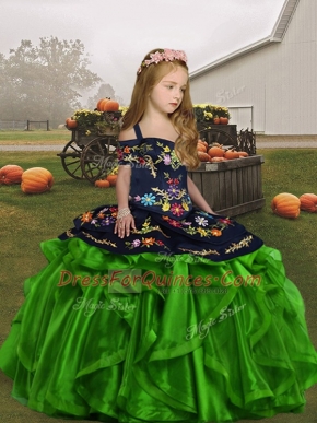 Sleeveless Lace Up Floor Length Embroidery and Ruffles Little Girl Pageant Gowns