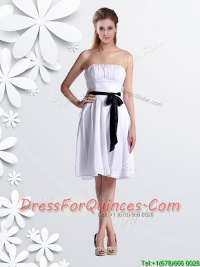 Elegant Empire Strapless Ruched and Be-ribboned White Prom Dress in Chiffon