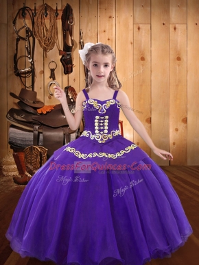 Sleeveless Organza Floor Length Lace Up Little Girl Pageant Dress in Eggplant Purple with Embroidery
