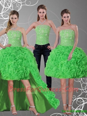 2015 Detachable New Style Spring Green Strapless Prom Dresses with Beading and Ruffles