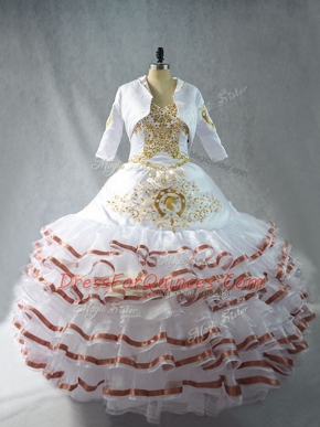 Custom Designed Embroidery and Ruffled Layers Quinceanera Gowns White Lace Up Sleeveless Floor Length