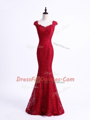 Customized Floor Length Mermaid Sleeveless Red Prom Evening Gown Lace Up