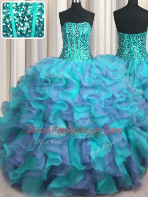 Visible Boning Beaded Bodice Sleeveless Floor Length Beading and Ruffles Lace Up Sweet 16 Dress with Multi-color