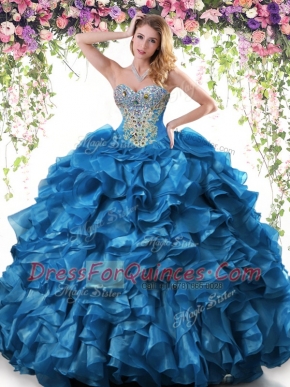 Modern Blue Sleeveless Beading and Ruffles Floor Length Quinceanera Dresses
