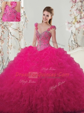 Hot Pink Sweet 16 Dress Military Ball and Sweet 16 and Quinceanera and For with Beading and Ruffles and Hand Made Flower Straps Sleeveless Lace Up