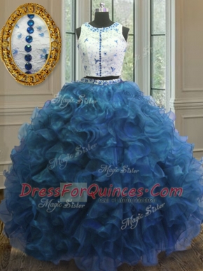 High End Scoop Clasp Handle Organza Sleeveless Floor Length Sweet 16 Quinceanera Dress and Beading and Lace and Ruffles