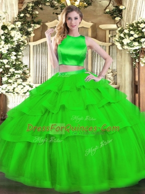Luxury Green Two Pieces High-neck Sleeveless Tulle Floor Length Criss Cross Ruffled Layers 15th Birthday Dress