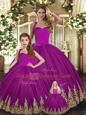 Tulle Halter Top Sleeveless Lace Up Embroidery 15 Quinceanera Dress in Fuchsia