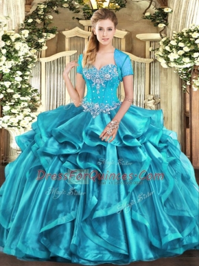 Floor Length Aqua Blue Sweet 16 Dress Sweetheart Sleeveless Lace Up
