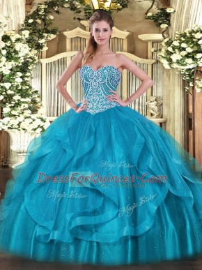 Shining Baby Blue Ball Gowns Sweetheart Sleeveless Organza Floor Length Lace Up Beading and Ruffles Sweet 16 Dress