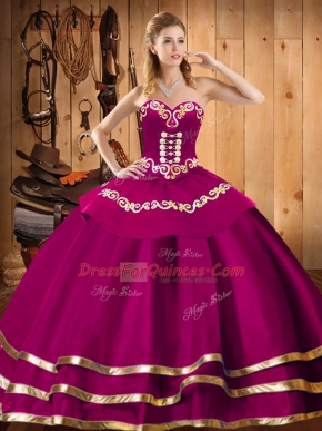 Hot Sale Sweetheart Sleeveless Sweet 16 Quinceanera Dress Floor Length Embroidery Fuchsia Organza