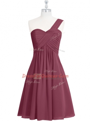 Wonderful One Shoulder Sleeveless Zipper Prom Dresses Burgundy Chiffon