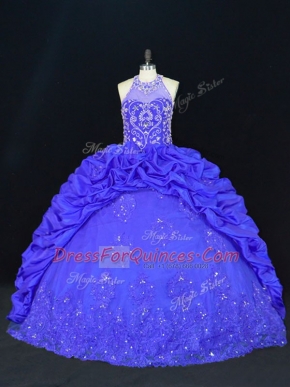 Royal Blue Ball Gowns Taffeta Halter Top Sleeveless Beading and Appliques and Embroidery and Pick Ups Floor Length Lace Up Quinceanera Dress