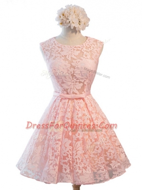 A-line Dama Dress for Quinceanera Pink Scoop Lace Sleeveless Knee Length Lace Up