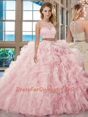 Artistic Floor Length Baby Pink Vestidos de Quinceanera Scoop Sleeveless Zipper