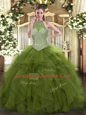 Low Price Olive Green Ball Gowns Beading Sweet 16 Quinceanera Dress Lace Up Tulle Sleeveless Floor Length