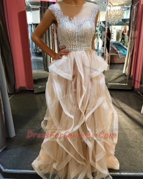 Tulle Scoop Sleeveless Zipper Beading and Ruffles Prom Dress in Champagne
