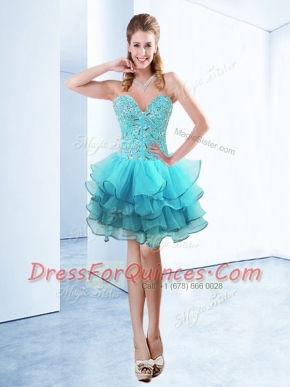 Extravagant Sleeveless Knee Length Ruffles Lace Up Prom Dresses with Aqua Blue