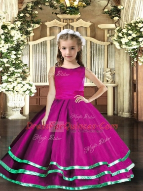 Fuchsia Ball Gowns Scoop Sleeveless Tulle Floor Length Lace Up Ruffled Layers Little Girls Pageant Dress Wholesale