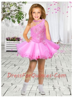 Elegant A-Line Asymmetrical Mini-length Appliques Light Blue Little Girl Dress