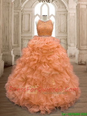 See Through Scoop Beaded and Ruffles Quinceanera Dress in Orange