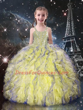Straps Sleeveless Little Girl Pageant Gowns Floor Length Beading and Ruffles Light Yellow Organza
