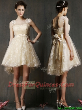 See Through Scoop Champagne Dama Dresses with Hand Made Flowers and Bowknot