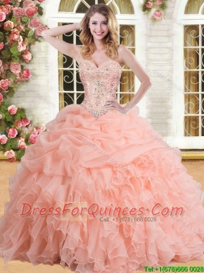 Cheap Organza Peach Quinceanera Dress with Appliques and Ruffles