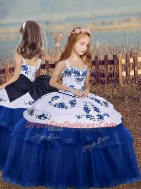 Excellent Blue Tulle Lace Up Kids Pageant Dress Sleeveless Floor Length Embroidery