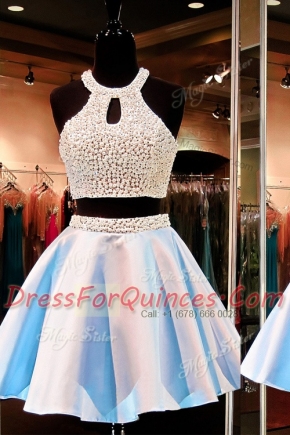 Sumptuous Blue Two Pieces Satin Scoop Sleeveless Beading Mini Length Zipper Prom Gown