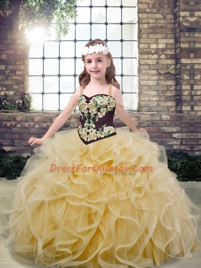 Charming Champagne Lace Up Little Girls Pageant Dress Wholesale Embroidery and Ruffles Sleeveless Floor Length