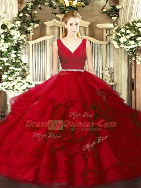 Pretty Floor Length Ball Gowns Sleeveless Wine Red Quince Ball Gowns Zipper