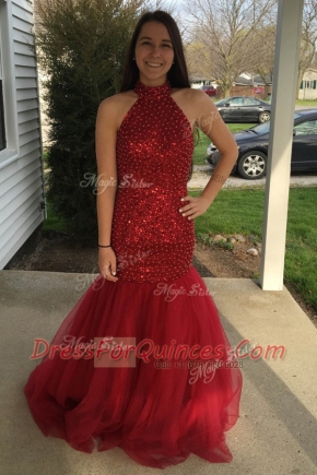 Cute Mermaid Sleeveless Sequins Zipper Prom Evening Gown