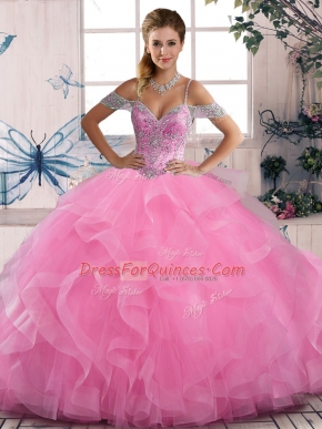 Fabulous Sleeveless Floor Length Beading and Ruffles Lace Up Quinceanera Dress with Rose Pink