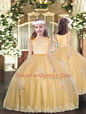 Sleeveless Floor Length Appliques Zipper Little Girls Pageant Gowns with Gold