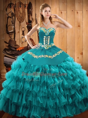 Suitable Teal Ball Gowns Embroidery and Ruffled Layers Quinceanera Dresses Lace Up Satin and Organza Sleeveless Floor Length