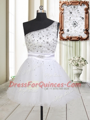 White Zipper One Shoulder Beading Prom Dresses Tulle Sleeveless