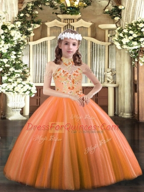 High Class Floor Length Ball Gowns Sleeveless Orange Pageant Gowns Lace Up