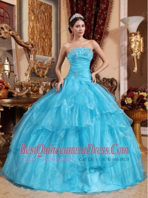 2013 Aqua Blue Strapless Organza Ball Gown With Beading Quinceanera Dress