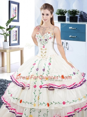 Modern Scoop White Sleeveless Floor Length Beading and Embroidery and Ruffled Layers Lace Up Quinceanera Gown